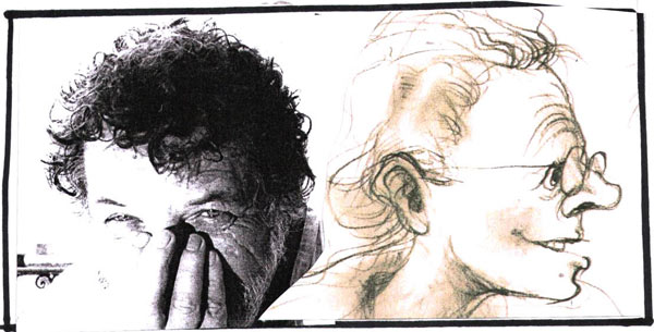 דיוקנאות של אפרים קישון ודן בן אמוץ - איור: דני קרמן