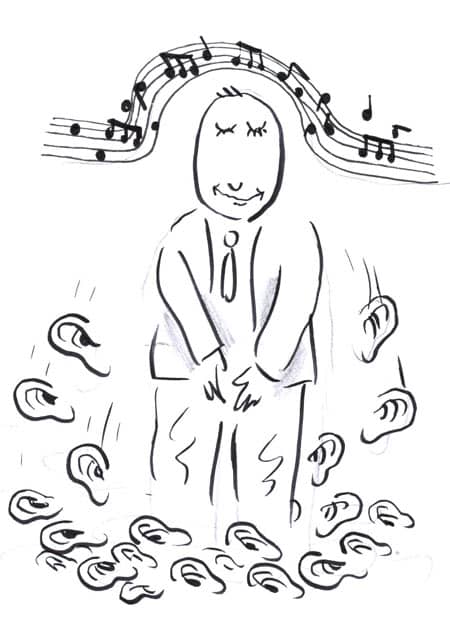 איש שהמוזיקה חולפת מעל ראשו ונושרות ממנו הרבה אוזניים. איור: דני קרמן