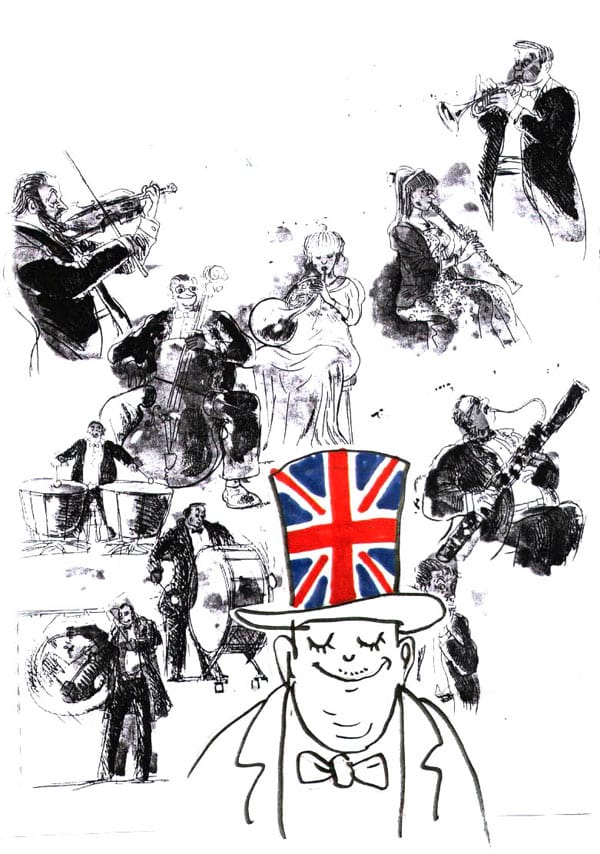 איש אנגלי נהנה מהרעש שעושה המוזיקה. איור: דני קרמן