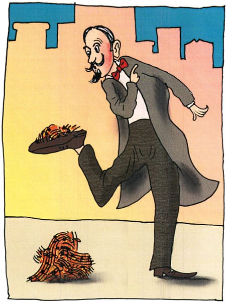 ביצ'ם הולך ברחוב ודורך על גוש של מוזיקה. איור: דני קרמן