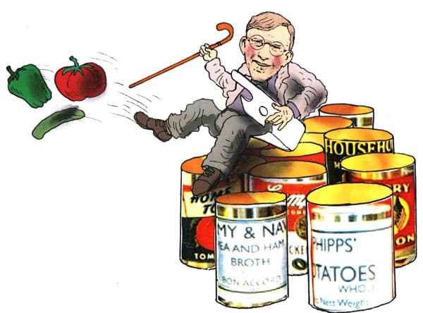 בארנס על קופסאות שימורים, משליך ממנו ירקות טריים. איור: דני קרמן