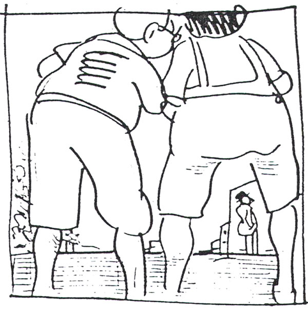 שני ילדים רודפים אחרי הנוכל - הצעה לאיור לספר אמיל והבלשים מאת דני קרמן. מבט לעבר גבם של הילדים