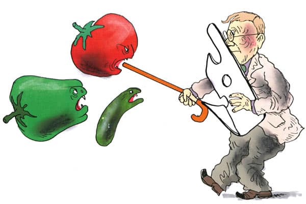 בארנס עם פותחן קופסאות שימורים, נלחם בירקות טריים. איור: דני קרמן