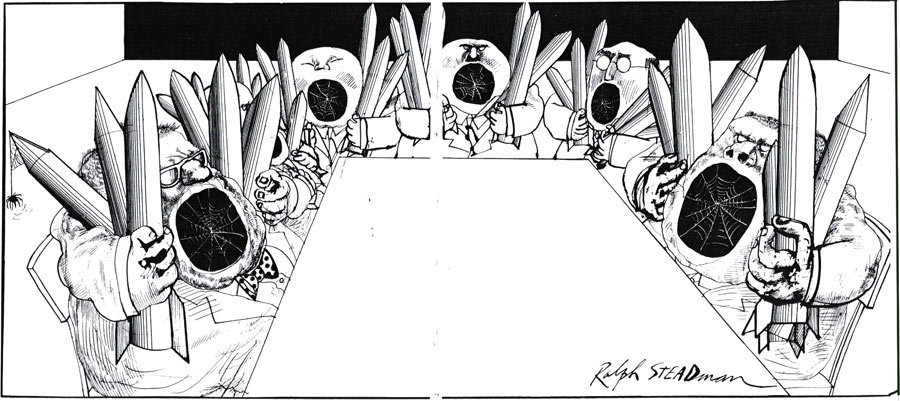 ראף סטדמן - מאזן האימה - אנשים סביב שולחן, פצצות בידיהם ובפיותיהם קורי עכביש