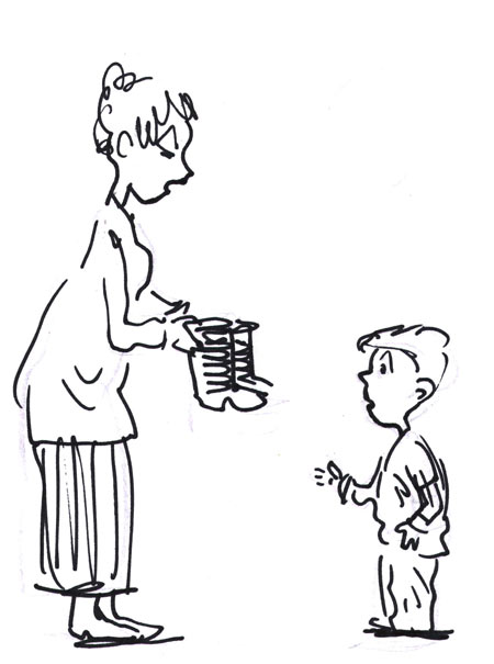 איור מאת דני קרמן לשיר הנ"ל - האימא נותן לילד מגפיים במתנה