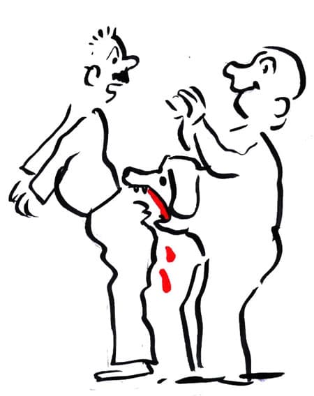 כלב מתוך בטן של איש נושך ישבן של איש אחר. איור: דני קרמן 