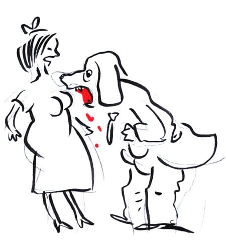 כלב לבוש כבן אדם בחליפה מנסה לנשוך אישה בחזה. איור: דני קרמן