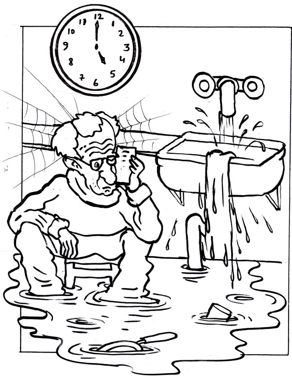 וודי אלן יושב על שרפרף כאשר כל הבית נזילות וקורי עכביש על ראשו - איור של דני קרמן