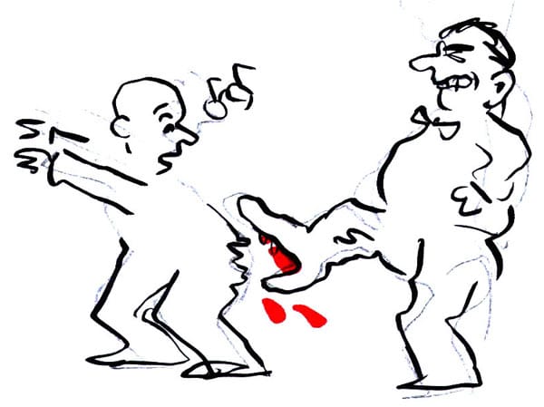 נעל של איש נושכת ישבן של איש אחר. איור: דני קרמן