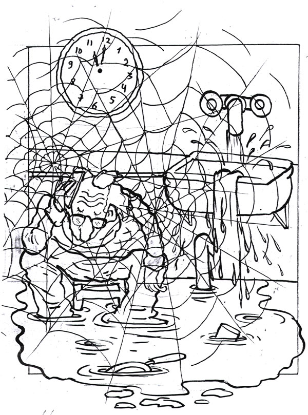 המשך האיור הקודם: וודי אלן יושב על שרפרף כאשר כל הבית נזילות וקורי עכביש עכשיו השתלטו על הכול - איור של דני קרמן