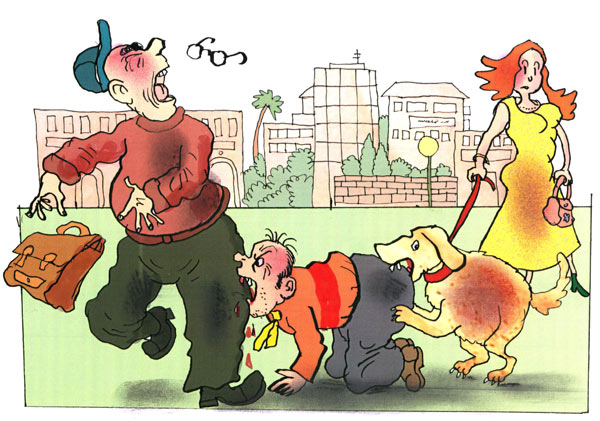 אישה מחזיקה ברצועה כלב, שנושך בישבנו של איש שנושך את רגלו של איש אחר. איור: דני קרמן