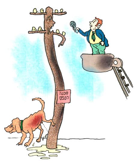 איש על מנוף מראיין עמוד חשמל שכלב משתין עליו. איור: דני קרמן