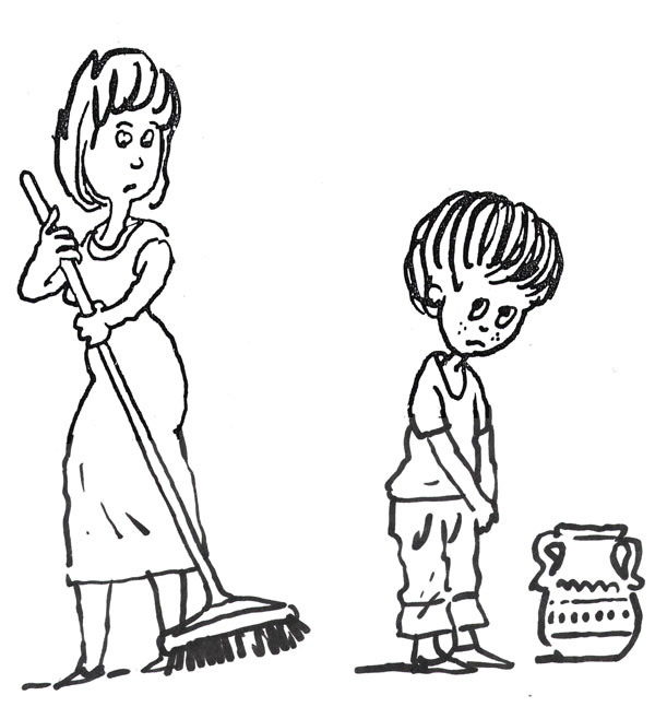 איור לשיר הנ"ל מאת דני קרמן - לא דרך החלון. הילד נזוף הכד שלם על הרצפה. האימא עם מטאטא