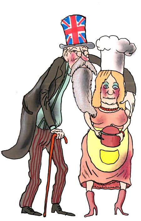 איש אנגלי זקן מחבק טבחית. איור: דני קרמן