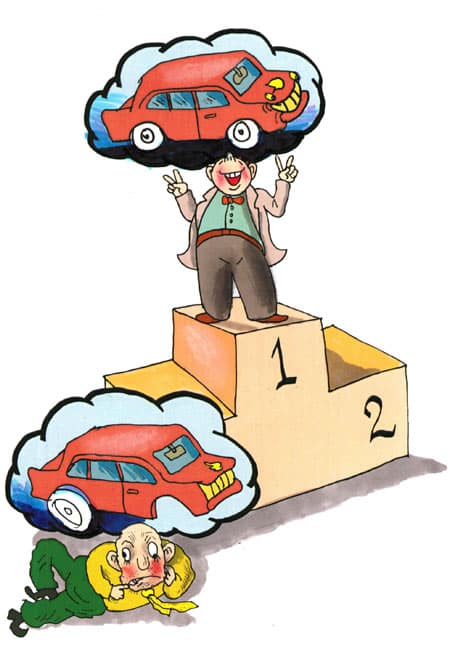 איש מרוצה עומד במקום הראשון על הפודיום, לאחר שהמציא מכונית עם ארבע ה גלגלים. למטה שוכב איש מאוכזב שהמציא מכונית עם גלגל אחד. איור: דני קרמן