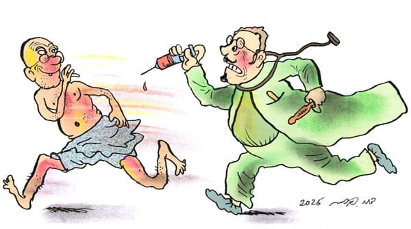 רופא רודף אחרי פציינט עם מזרק. הפציינט מתגרה בו. איור: דני קרמן