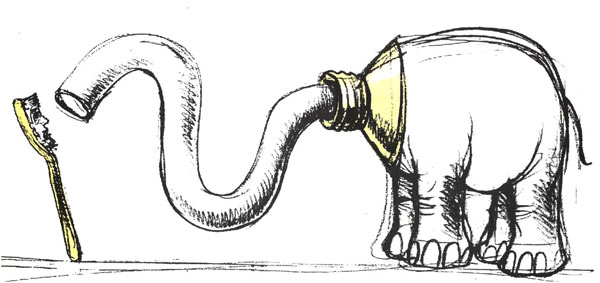 פיל שהוא שפופרת על חדק שהוא משחה, המברשת מביטה מקרוב. מתוך סופרספר מאת דני קרמן ותומר קרמן