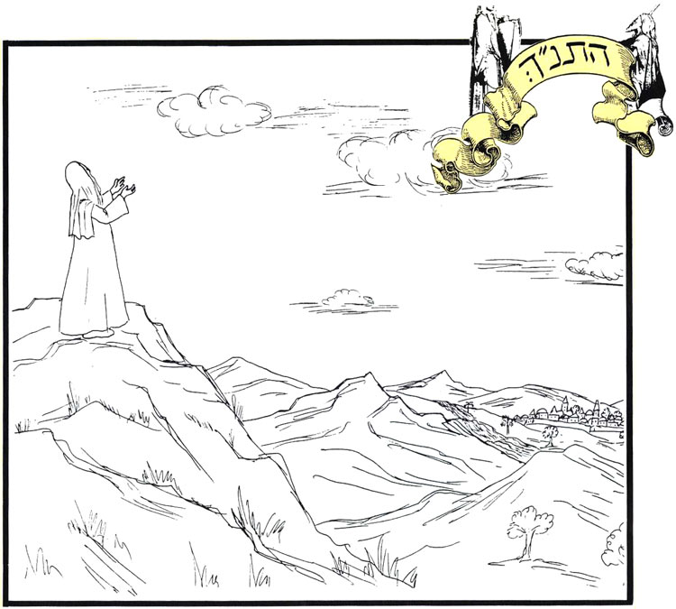 אדם צופה מראש ההר. איור לתקציר התנ"ך. מתוך סופרספר מאת דני קרמן ותומר קרמן