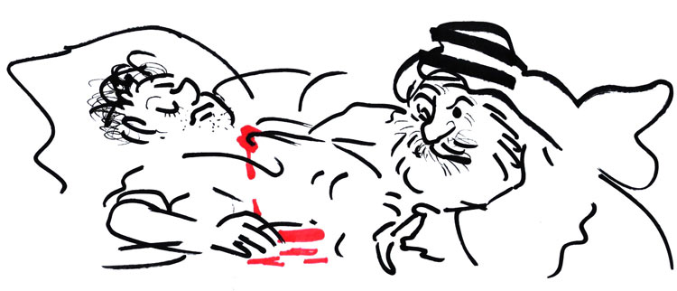 השייח מטפל בפצעיו של דה-וויאה. איור: דני קרמן