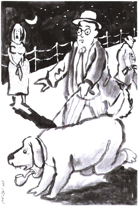 איש צועד עם כלב בלילה. בתוך הכלב מסתתר אדם עם מקטרת. איור: דני קרמן