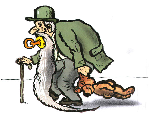 איור של דני קרמן לקטע הנ"ל - אדם זקן וכפוף צועד עם מקל, מוצץ בפיו והוא גורר איתו בובת דובי