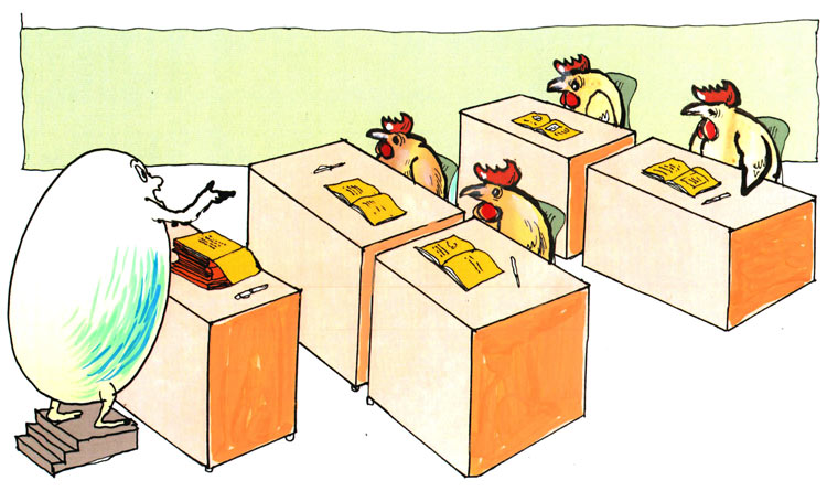 איור של דני קרמן: מורה ביצה מלמדת תלמידות תרנגולות בכיתה