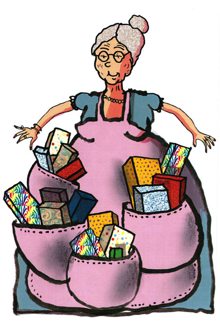 אישה עם סינר רחב ובו הרבה כיסים ובהם הרבה מתנות. איור: דני קרמן