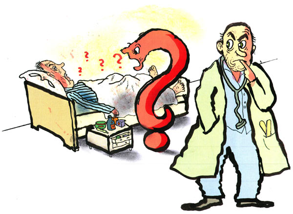 חולה שוכב במיטה, סימני שאלה מסביבו וסימן שאלה גדול מדבר אליו. רופא עומד מן הצד מבולבל או אובד עצות.
איור: דני קרמן