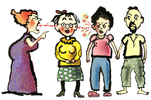 אישה מדברת לאוזני הבת - הדיבור יוצא מהאוזן השנייה ומגיע לכלה
איור: דני קרמן