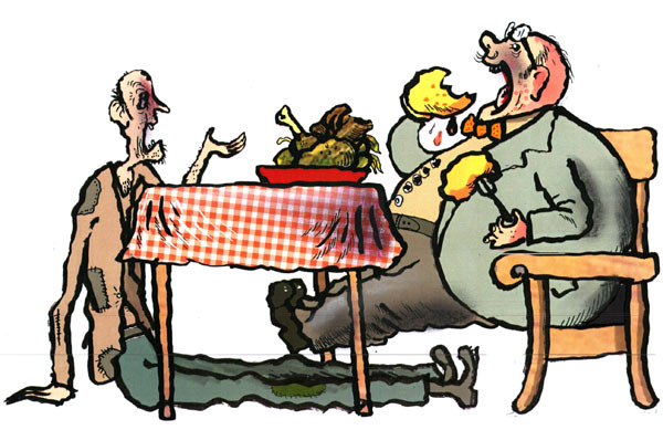 אדם מדושן יושב על כיסא אל השולחן ואוכל מתוך צלחת עמוסה. מולו על הרצפה יושב ומביט בו אדם שדוף ומתוסכל.
איור: דני קרמן