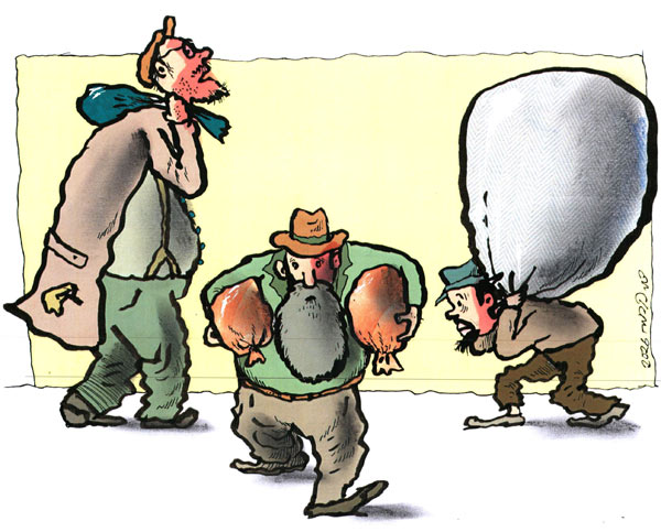 איש קטן נושא על גבו צרור ענק; איש גדול נושא על גבו צרור קטן, ואיש בינוני נושא תחת זרועותיו שני צרורות בינוניים.
איור: דני קרמן