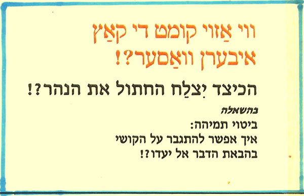 ווי אַזױ קומט די קאַץ איבערן וואַסער?!
הכיצד יצלח החתול את הנהר?!
בהשאלה
ביטוי תמיהה:
איך אפשר להתגבר על הקושי
בהבאת הדבר אל יעדו ?!
