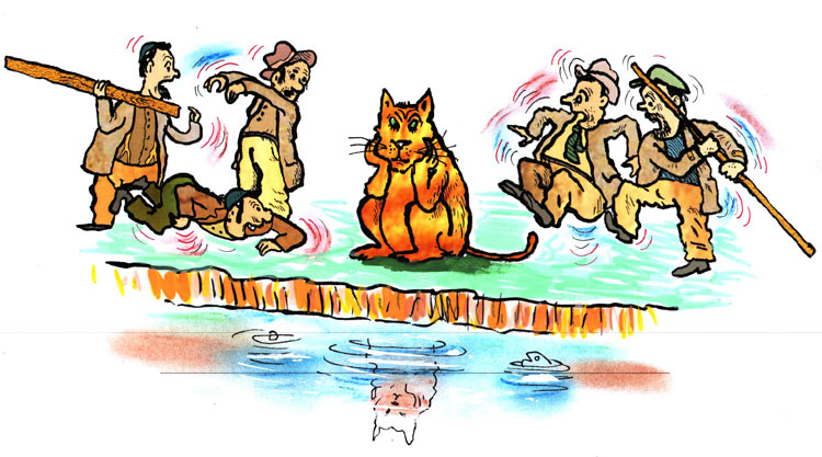 חתול יושב על שפת הנהר, נראה מהורהר או מתלבט. חמישה אנשים מנסים לגרום לו לחצות, בתנועות גוף ובמקלות.
איור: דני קרמן