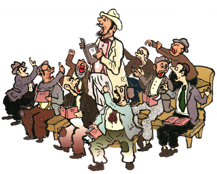 אדם עומד ומתפלל בבית התפילה ומסביבו יושבים על המושבים אנשים רבים שנראים כועסים וגוערים בו.
איור: דני קרמן